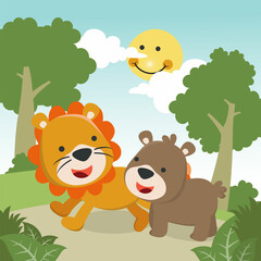 Obraz na płótnie Canvas Cartoon wild animals concept, cute lion and bear in the jungle. Creative vector childish background for fabric, textile, nursery wallpaper, poster, card, brochure. and other decoration.