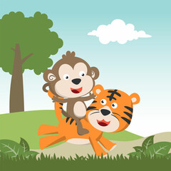 Obraz na płótnie Canvas Cartoon wild animals concept, cute monkey and tiger in the jungle. Creative vector childish background for fabric, textile, nursery wallpaper, poster, card, brochure. and other decoration.