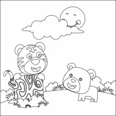 Obraz premium Cartoon wild animals concept, cute tiger and bear in the jungle. Childish design for kids activity colouring book or page.