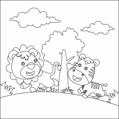 Cartoon wild animals concept, cute lion and tiger in the jungle. Childish design for kids activity colouring book or page.