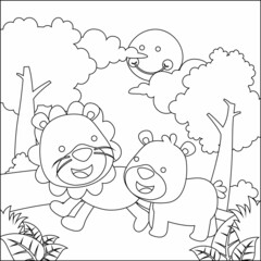 Cartoon wild animals concept, cute lion and bear in the jungle. Childish design for kids activity colouring book or page.