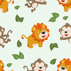 Fototapeta premium seamless pattern of cute lion and monkey in the jungle. Creative vector childish background for fabric textile, nursery, baby clothes, wrapping paper and other decoration.