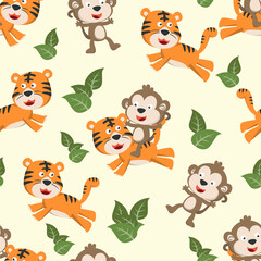 Naklejka premium seamless pattern of cute tiger and monkey in the jungle. Creative vector childish background for fabric textile, nursery, baby clothes, wrapping paper and other decoration.