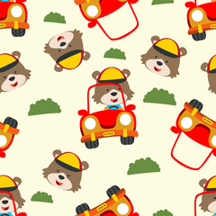 Fototapeta premium Seamless pattern of Cute bear driving a car go to forest funny animal cartoon. Creative vector childish background for fabric textile, nursery, baby clothes, wrapping paper and other decoration.