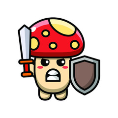 cute mushroom holding sword and shield icon illustration vector graphic