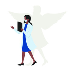 Front-line fighters - Doctor as angel against medical challenges. Real superhero Angel Doctor with wings and stethoscope. Doctor woman masked with wings