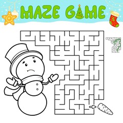 Christmas Maze puzzle game for children. Outline maze or labyrinth game with christmas Snowman.