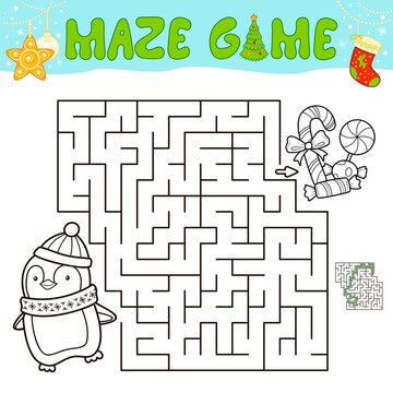 Christmas Maze puzzle game for children. Outline maze or labyrinth game with christmas penguin.