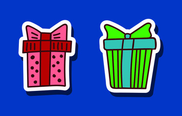 Cute hand drawn doodle gift boxes stickers. Merry Christmas and Happy New Year set. Cartoon design elements for presents. Colorful outline icons with patterns