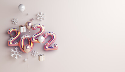 Happy new year 2022 decoration background with balloon gift box snowflakes, 3D rendering illustration