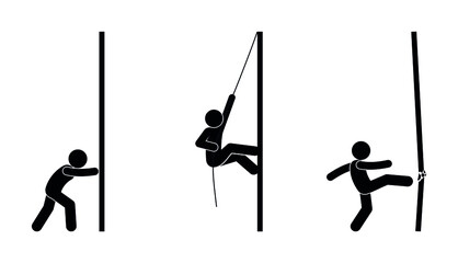 people near the wall, overcoming obstacles, different ways, man breaks the wall, stick figure human silhouette, isolated icons
