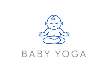 Cute baby meditating in Lotus pose for yoga studio emblem logotype design template in line style.