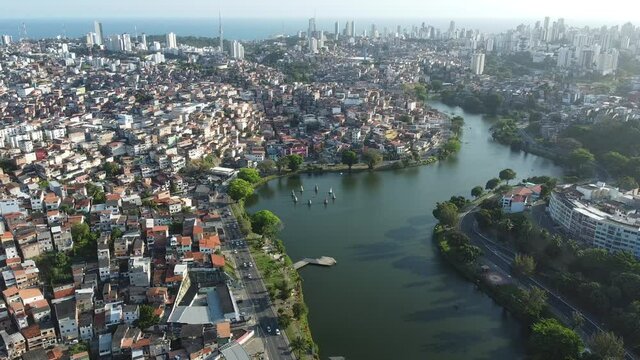 salvador, bahia, brazil - october 2, 2021: aerial view of the Dique de Itororo lake in the city of Salvador.