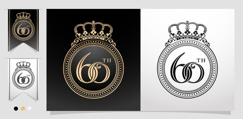 illustration of 60th with circle frame and crown. Ellipse Frame element with color gold isolated background, for letterpress, embroidery, invitation wedding anniversary, greeting card, and sign label 