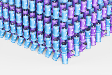 Large group of batteries on a white background. 3d render illustration.