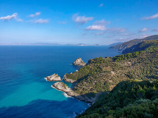 Breathtaking aerial scenery over the rocky beach of Mavraki in Skopelos island, Greece. Sporades, Greece