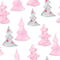 Watercolor seamless pattern with pink gray pastel forest wood trees isolated on white background. Christmas winter new year print for wrapping paper textile. North northern design.