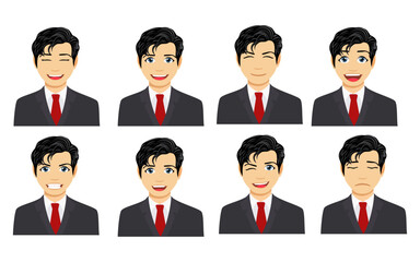 Cute beautiful male character avatar wearing beautiful business outfit and with different facial expression and emotions isolated