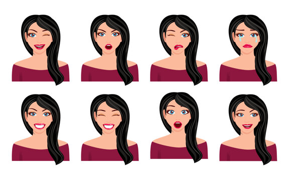 Beautiful female character avatar wearing beautiful business outfit and with different facial expression and emotions isolated