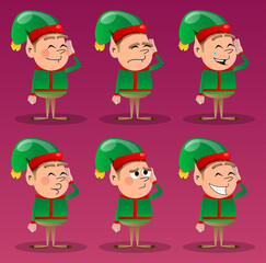 Christmas Elf holds hand at his ear, listening. Vector cartoon character illustration of Santa Claus's little worker, helper.