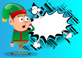 Christmas Elf holds hand at his ear, listening. Vector cartoon character illustration of Santa Claus's little worker, helper.