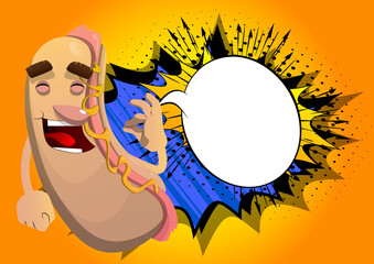 Hot Dog showing ok sign. American fast food as a cartoon character with face.