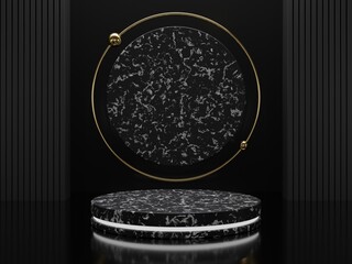 Marble pedestals or podiums with golden frames and decor 3d rendering
