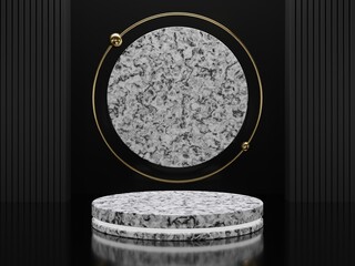 Marble pedestals or podiums with golden frames and decor 3d rendering
