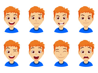 Happy cute beautiful kid boy character avatar with different facial expression and emotion