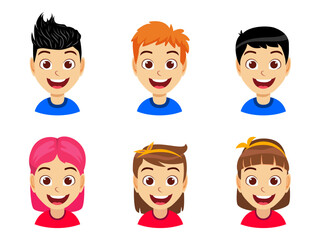 Happy cute beautiful kid boy and girl characters avatar with cheerful facial expression and emotion