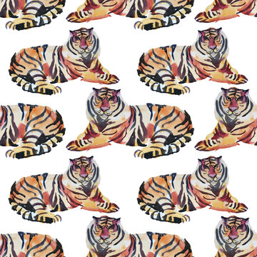 Seamless pattern watercolor hand-drawn abstract tiger wild cat lies resting on white background. Chinese symbol new year. Orange animal with black stripes. Creative art for celebration