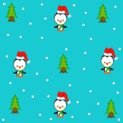 christmas penguin with tree pattern and snowflakes kids design.