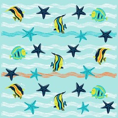 Fish and marine stars pattern with sky background fashion design