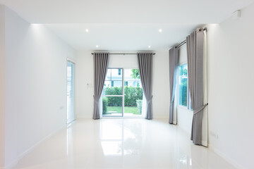 White empty space or room with ceramic tile floor in perspective, curtain blind, window and ceiling...