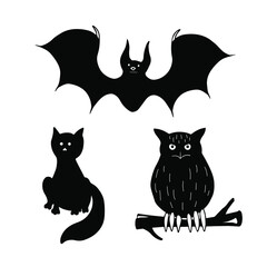 Set of animals for Halloween - cat, bat, owl. Vector elements for design. Doodle illustration.