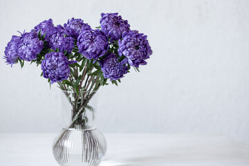 Glass vase with a bouquet of blue chrysanthemums on light background.