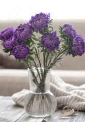 Blue chrysanthemums in a glass vase on a blurred background of the room.