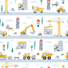 Cute children's seamless pattern with yellow car dump truck, crane, road, signs, house on white background. Illustration construction site in flat style for wallpaper, fabric, textile design. Vector - 460560525