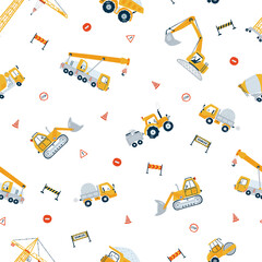 Cute children's seamless pattern with yellow car dump truck, crane, road, signs on white background. Illustration construction site in cartoon style for wallpaper, fabric, and textile design. Vector