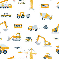 Cute children's seamless pattern with crane, road roller and dump truck on white background. Illustration construction site in cartoon style for wallpaper, fabric, and textile design. Vector - 460560555