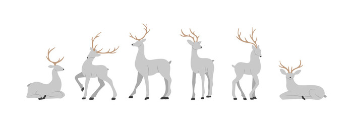 Obraz premium Silhouettes of grey reindeers. Cute deers with antlers standing and jumping. Vector illustration in flat cartoon style.