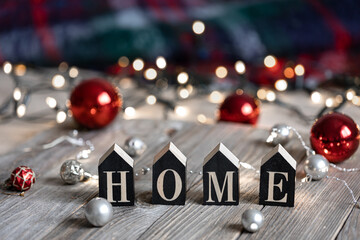 Christmas background with decorative word home and decor details.
