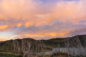 The Torres del Paine National Park sunset view. Torres del Paine is a national park encompassing mountains, glaciers, lakes, and rivers in southern Patagonia, Chile.