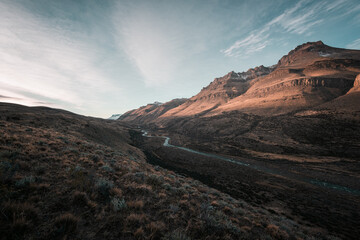 The Torres del Paine National Park sunset view. Torres del Paine is a national park encompassing mountains, glaciers, lakes, and rivers in southern Patagonia, Chile.