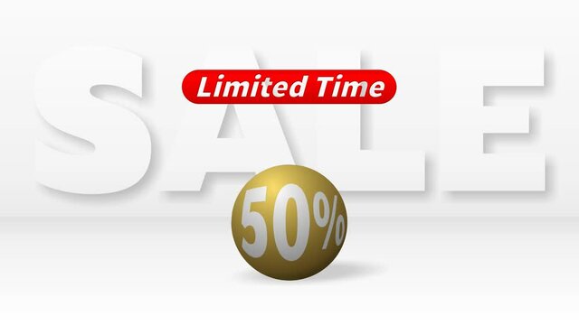 A beautiful golden ball with 50 percent discount rolls against big white letters SALE and the red inscription LIMITED TIME appears above it