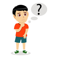 Happy cute cheerful kid boy character wearing beautiful outfit standing with question mark symbol with confused facial expression