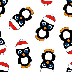 Seamless Pattern with Penguin on White Background.
