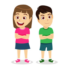 Happy cute cheerful kid boy and girl characters wearing beautiful outfit standing and posing