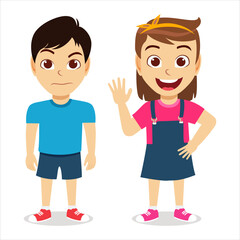 Happy cute cheerful kid boy and girl characters wearing beautiful outfit standing and posing waving with different facial expression