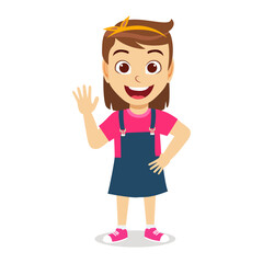 Happy cute cheerful kid girl character wearing beautiful outfit standing and waving posing